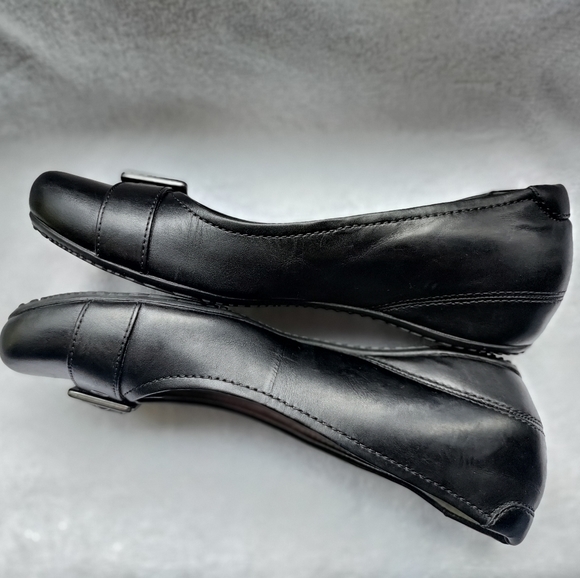 Ecco | Black Leather Wedge Shoes with Silver Buckle Womens Size 38 Womens 8 - Picture 11 of 13